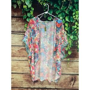Gianni Bini Open Front Kimono Cardigan Floral Garden Spring Pom Pom Boho OS NWT